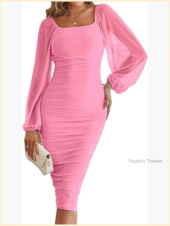 Dresses & Skirts - Long Sleeve Bodycon Midi Dress with Ruched Detail Square Neck